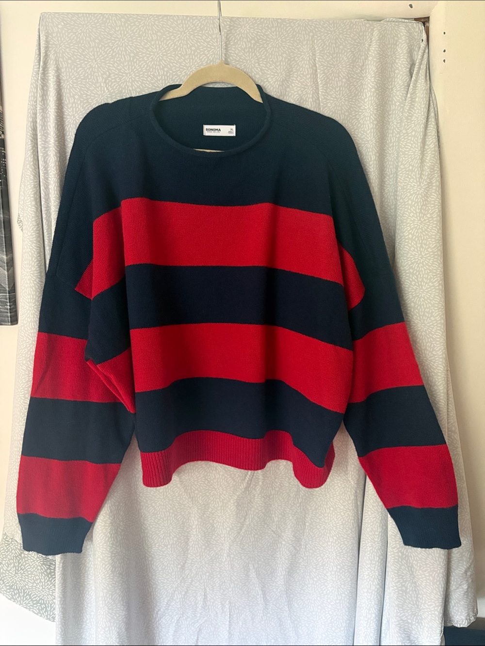 Juniors Striped Red and Navy Crewneck Sweater